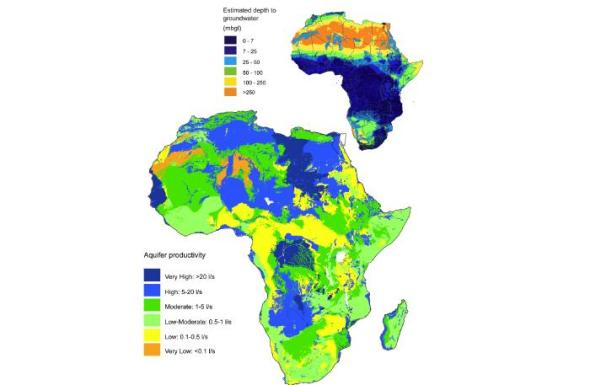 Map of Africa's aquifer productivity and depth. africa groundwater british geological survey university college london department of geography