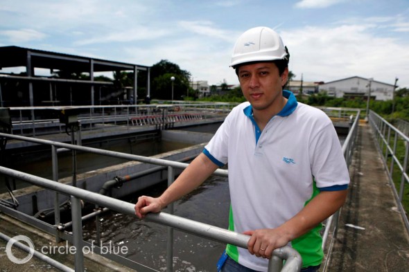 Manila Water Company recently received a $US 275 million loan from the World Bank to finance wastewater treatment facilities, like the one behind Robert Baffrey, the company’s department manager of wastewater. Manila Water Company loan World Bank finance wastewater treatment facilities Robert Baffrey department manager of wastewater.