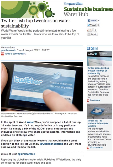 guardian sustainable business top water tweeter twitter circle of blue tweet