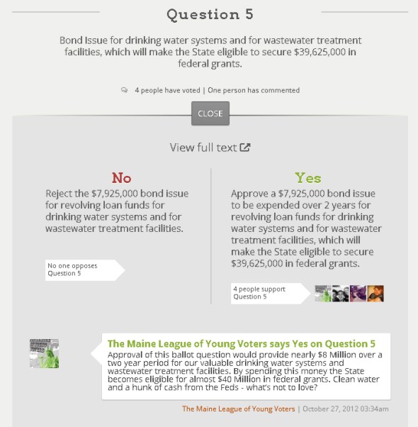 Click to enlarge. Maine question 5 theballot.org 2012 presidential election drinking water wastewater treatment federal grants