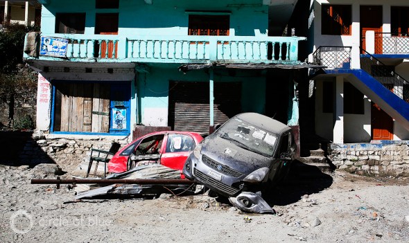 In Sonprayag, downriver on the Mandakini River from Kedarnath, cars are still piled on each other. Photo: Dhruv Malhotra