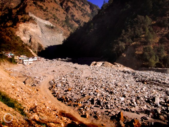 Most of Sonprayag, on the Mandakini River, was destroyed by the June flood. What’s left of Sonprayag now sits directly on the Mandakini’s banks. The riverbed is a new geography of immense boulders that survivors said is 250 feet higher than the channel where the river ran before the flood. Photo: Keith Schneider