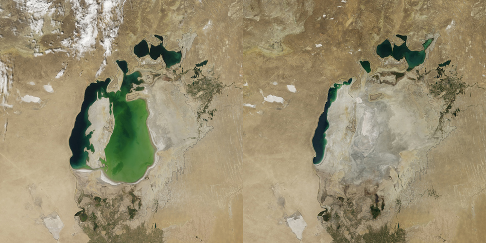 The Aral Sea, once the fourth largest lake in the world, has been shrinking steadily since the 1960s. The image on the left shows the sea in 2000, while the image on the right shows it in 2014.
