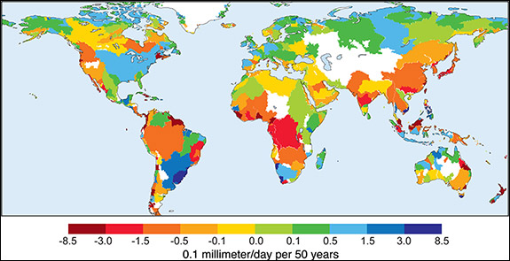 Using data compiled over nearly 50 years, researchers were able to track the average change in world-wide runoff as indicated by river output. Here blue indicates increased flow and red decreased. Map courtesy of the Journal of Climate/UCAR.