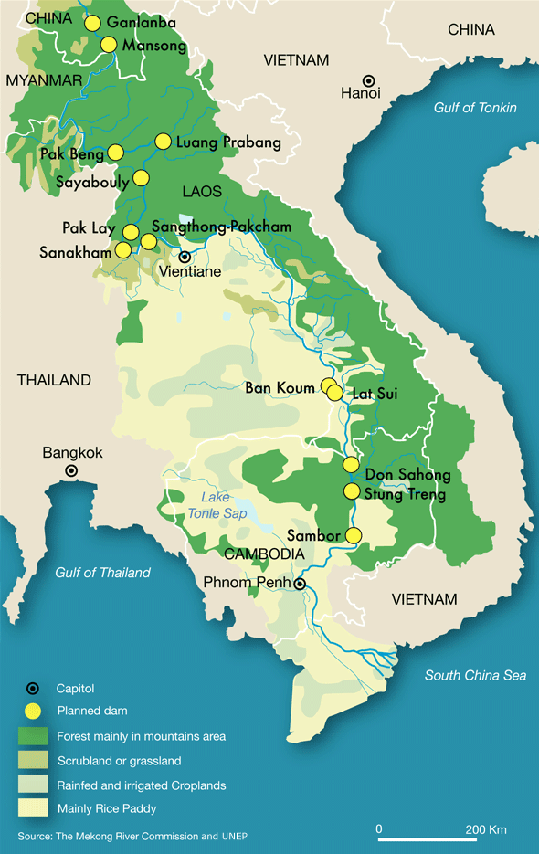 The Mekong river begins at the Tibetan Plateau in China and stretches through Myanmar (Burma), Thailand, Laos and Cambodia, before ending at the South China Sea in Vietnam.