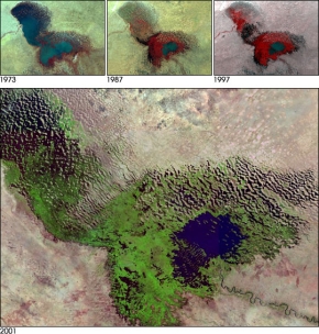 A composite of images showing the diminishing Lake Chad from 1973 to 2001.