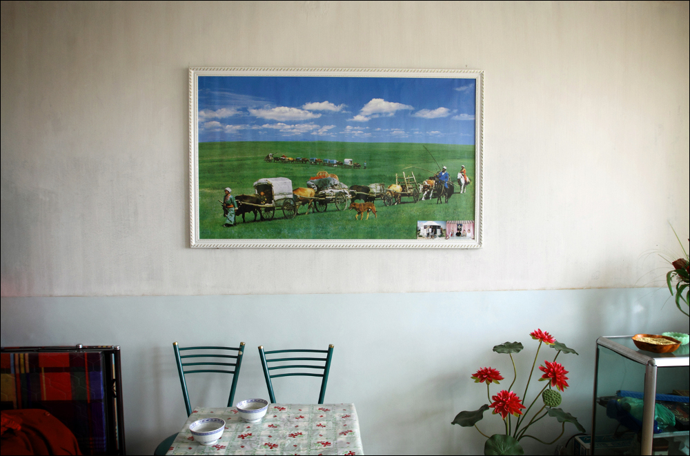 Traditional life has long since dissapeared in Inner Mongolia. Traces of nomadic life only remian hanging on the wall of local farmers' homes. 2009
