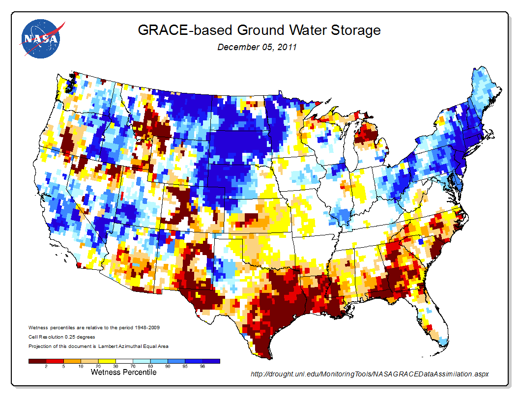 U.S. United States Groundwater water levels drought NASA 1948 2011