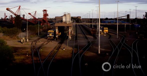Coal trains line up at sunset to offload their dusty cargo at the Port of Newcastle, which shipped some 114 million metric tons of coal from Australia in 2011. The port is the ocean gateway to one of the world’s most complex coal chain operations.