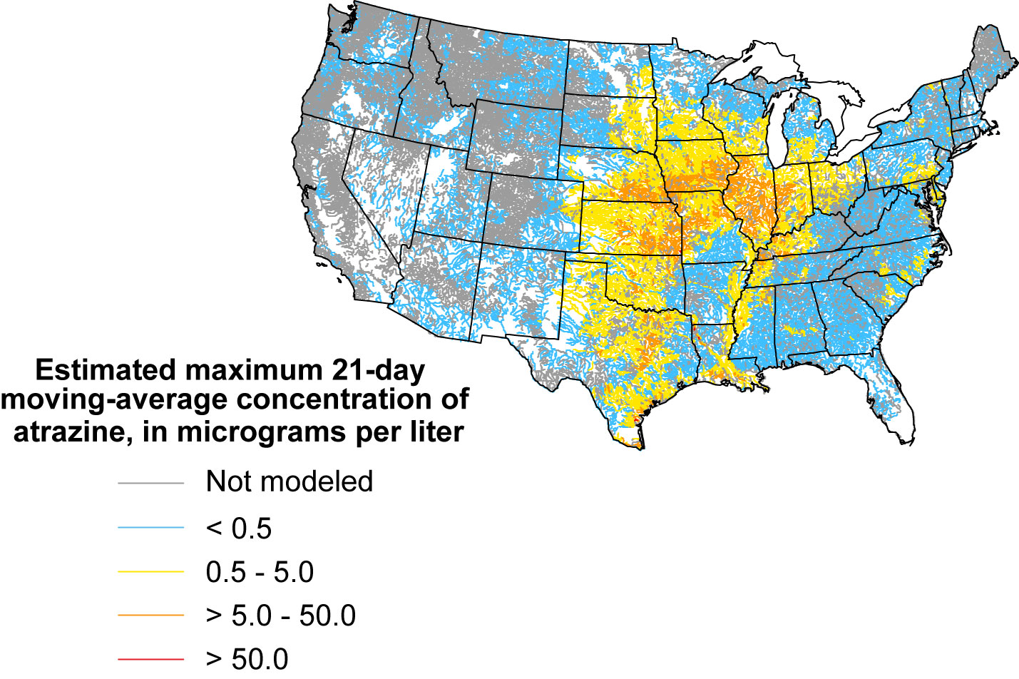 A 2007 U.S. Geological Survey study measured atrazine concentrations in U.S. streams