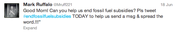 #EndFossilFuelSubsidies Ruffalo Twitter Rio fossil fuel subsidies twitterstorm 350.org
