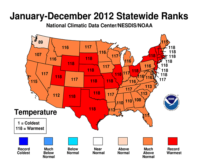 2012 United States temperature ranks