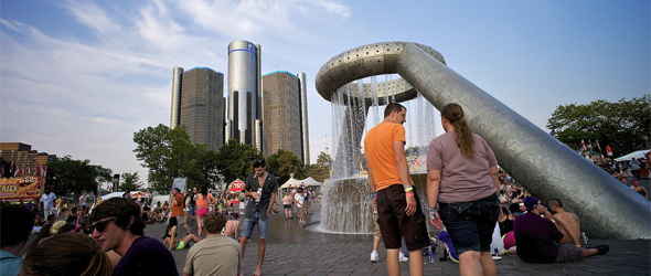 Music lovers congregate at Hart Plaza Fountain in downtown Detroit during the Movement Electronic MusMusic lovers congregate at Hart Plaza Fountain in downtown Detroit during the Movement Electronic Music Festival in May 2012.ic Festival in May 2012.