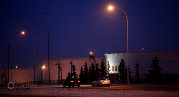 Enbridge Inc., based in Calgary, is the largest shipper of Canadian crude oil, built and operates the twin, 20-inch-diameter steel pipelines, about 1,000 feet apart, that cross the Straits of Mackinac in northern Michigan. The company's holdings include this tank farm in Edmonton, Alberta. Photo/Keith Schneider