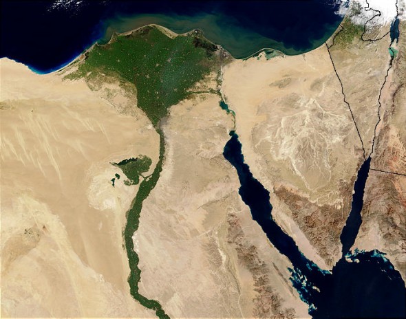 Nile River delta satellite image NASA Egypt agriculture Mediterranean Sea fertile land