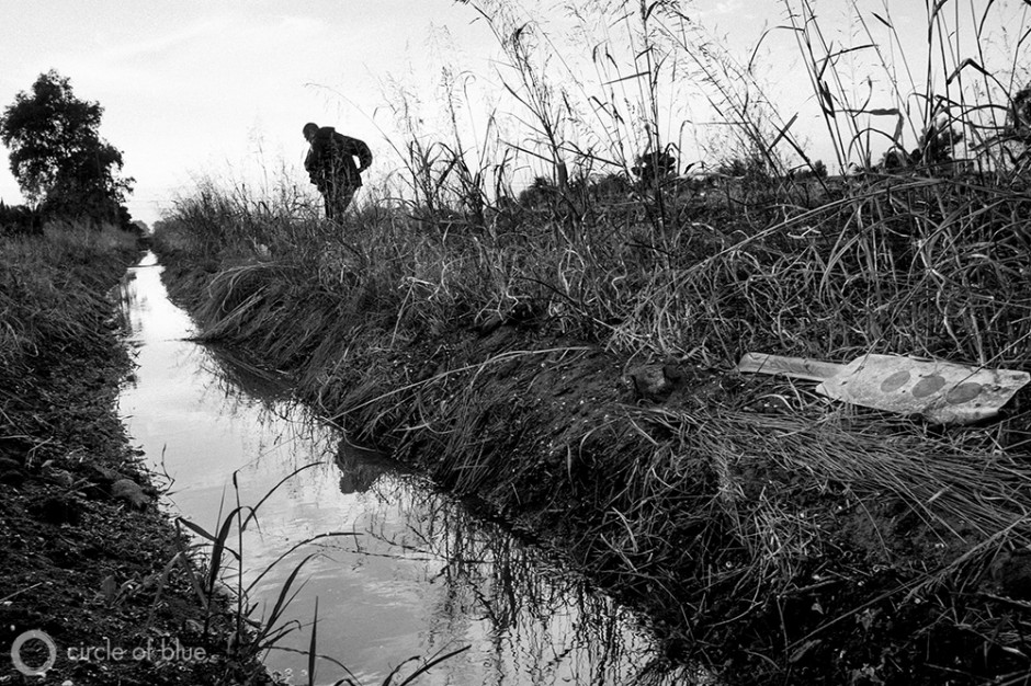 Becky Quintaña, a community water activist, walks along a canal near her home in Seville, a small town in California's Central Valley. One of her community's main domestic water supply lines runs along the bottom of this canal and frequently breaks. One of Quintaña's family members was brushing his teeth in the morning when a tadpole came though the faucet and into the bathroom sink.