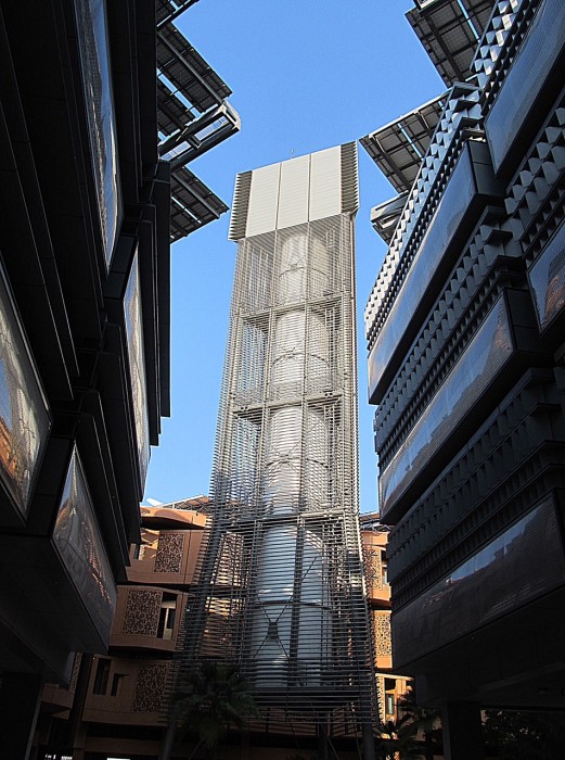 A wind tower at Masdar City uses ancient desert technology to cool buildings.