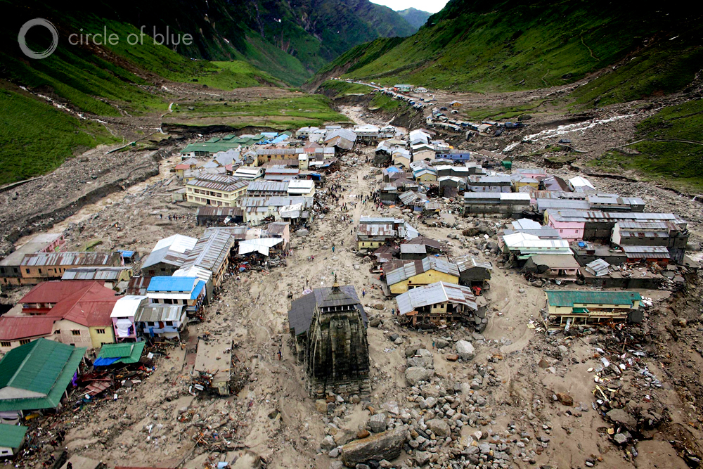 The floods on June 16 and 17 tore through Kedarnath, a sacred Hindu site high in the Himalayas. Hundreds of buiidngs in the Mandakini River floodplain were washed away. The Kedarnath temple survived, guarded by a big trailer-size boulder that washed down the mountain and lodged in front, directing flood waters and boulders around the 1,200-year-old shrine.