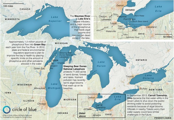 Great Lakes map harmful algal blooms Lake Erie Lake Michigan Lake Huron Green Bay United States Canada phosphorus pollution Maumee River Sleeping Bear Dunes National Lakeshore algae