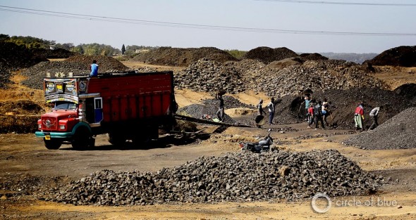 Roadsides in Meghalaya are staging areas for unloading, sorting, and loading coal on trucks that transport most of the fuel out of the state. All of the loading is done by back breaking hand labor.