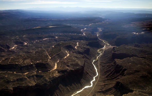 The Dolores River Basin is seen south of Grand Junction. The river is a major tributary of the Colorado River. Energy and resource development as well as  irrigated agriculture have played rolls in threatening the river