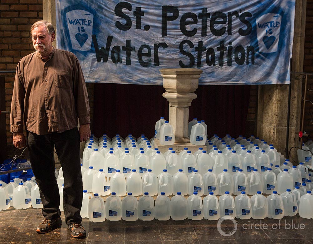 St. Peter's Episcopal Church in Detroit's Corktown neighborhood serves as a water station for homeowners who lost their water due to shutoffs. Pastor Bill Wylie-Kellermann was arrested twice earlier this year protesting the shutoffs. 