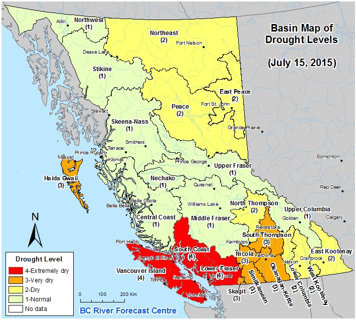 British Columbia drought map infographic river forecast center South Coast Lower Fraser River Vancouver Island