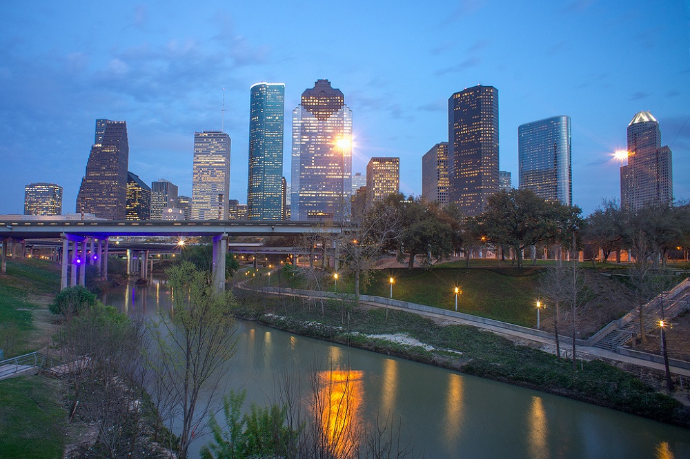 Houston skyline downtown Buffalo Bayou water infrastructure Texas SWIFT fund