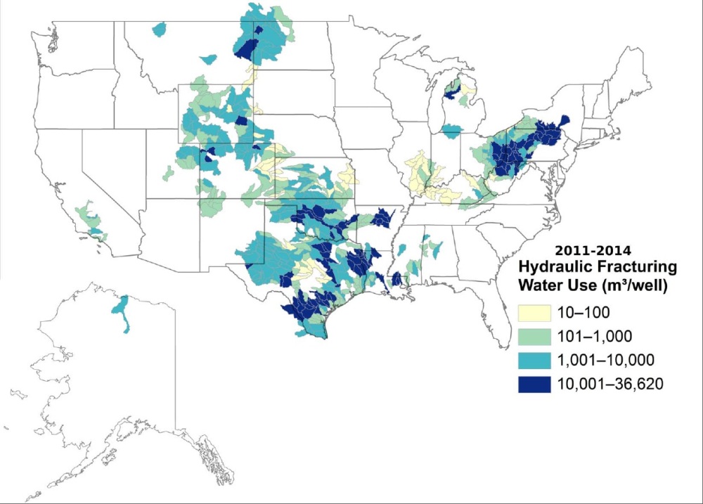fracking hydraulic fracturing water use map United States U.S. Geological Survey shale gas oil USGS Eagle Ford southern Texas Barnet Haynesville-Bossier Louisiana Fayetteville Arkansas Woodford Oklahoma Tuscaloosa Mississippi Marcellus Utica Ohio Pennsylvania West Virginia southern New York