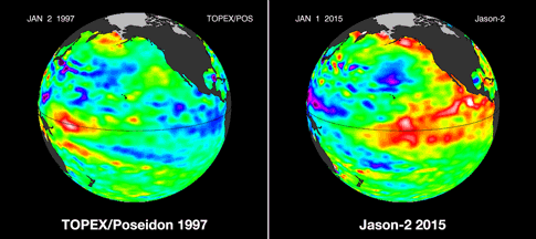 1997 El Nino 2015 Pacific sea surface height anomalies