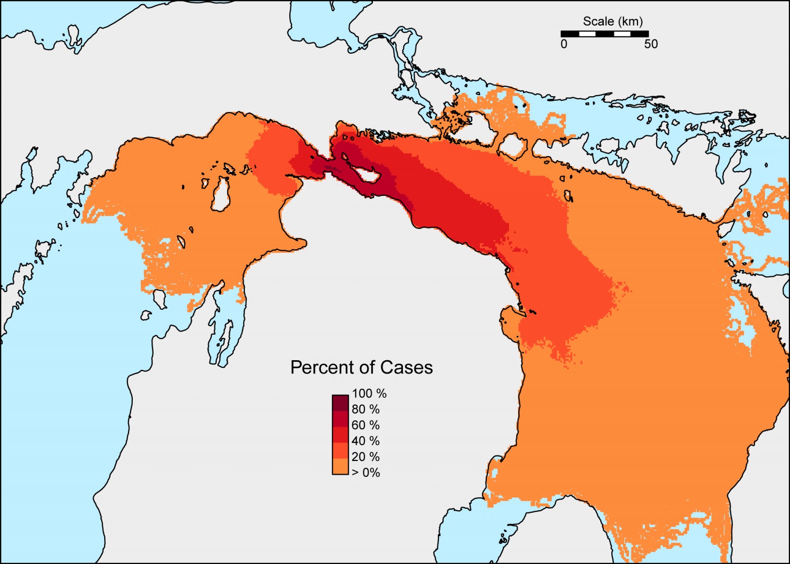Researchers ran 840 simulations of an oil spill from the pipelines crossing the Straits of Mackinac. This map shows the probability of where oil would be found in the open waters of Lake Michigan and Lake Huron. Map courtesy University of Michigan Water Center