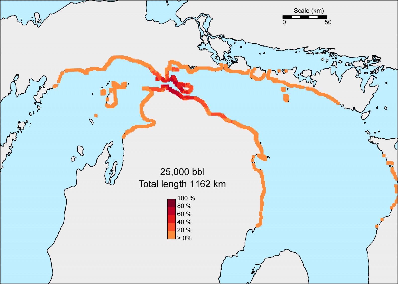 In the worst case scenario of a 25,000-barrel oil spill in the Straits --the same amount that spilled near the Kalamazoo River in 2010--up to 245 kilometers of shoreline could be affected. This map shows the probability that beached oil concentrations would exceed the threshold needed to trigger shoreline cleanup. Map courtesy University of Michigan Water Center