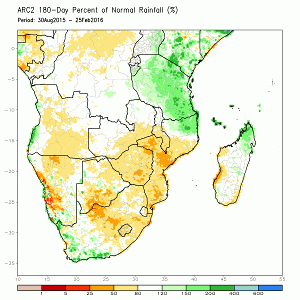 Southern Africa drought rainfall agriculture food security hunger Image by National Weather Service / NOAA Rainfall totals are less than 60 percent of average in many areas of Botswana, Lesotho, Mozambique, South Africa, and Zimbabwe.