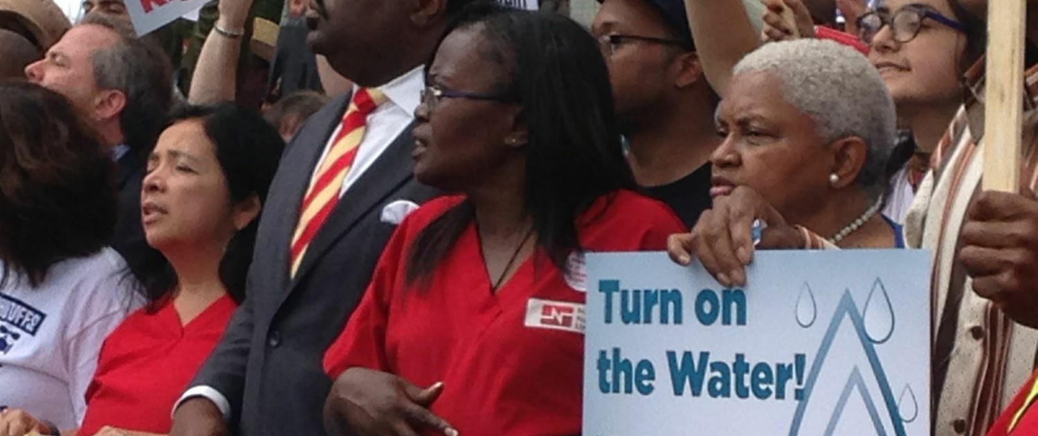 In August 2014, people rallied in Detroit to protest the cutting of water service to residents behind on their bills.