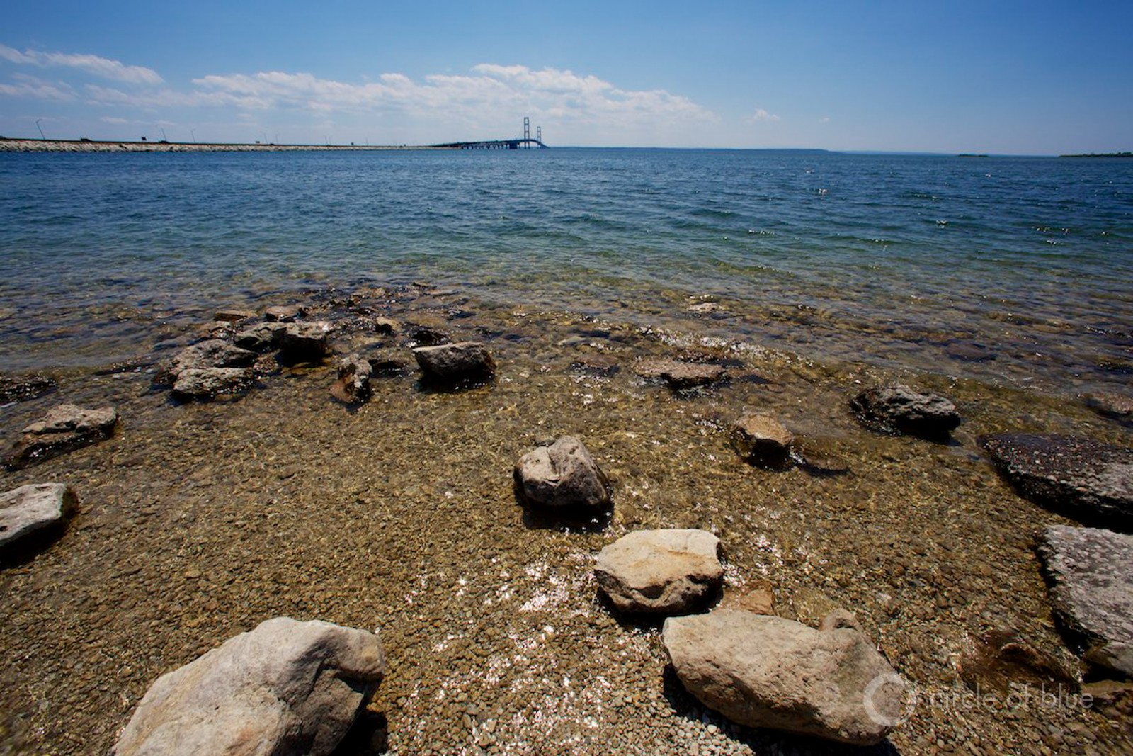 Studies have estimated that as many as 1,000 kilometers of Lake Michigan and Lake Huron shoreline are vulnerable to an oil spill from the Line 5 straits crossing, though Enbridge disputes those findings.  Photo © J. Carl Ganter / Circle of Blue