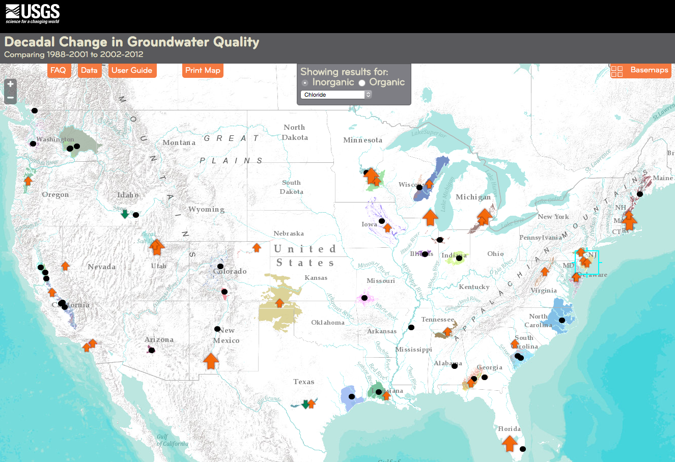 A screenshot of the national groundwater quality map for chloride. The arrows show whether concentrations increased, decreased or stayed the same between the two sampling periods, roughly a decade apart.