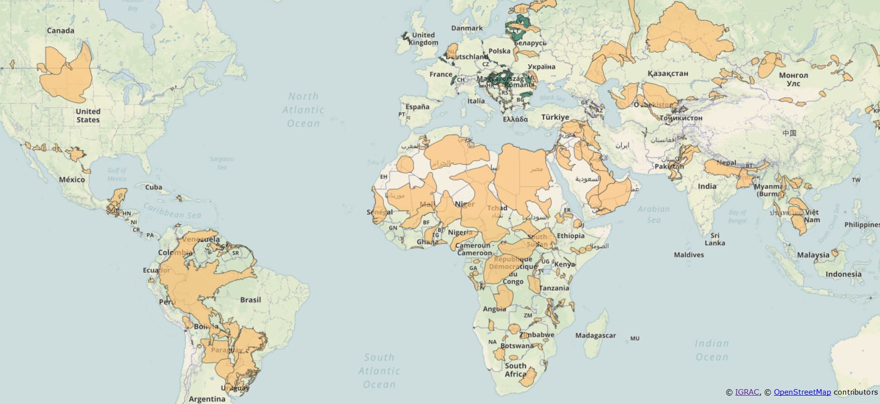 IGRAC's transboundary aquifer map shows that nearly every country shares a groundwater basin with a neighbor. For an interactive version of the map, click here.