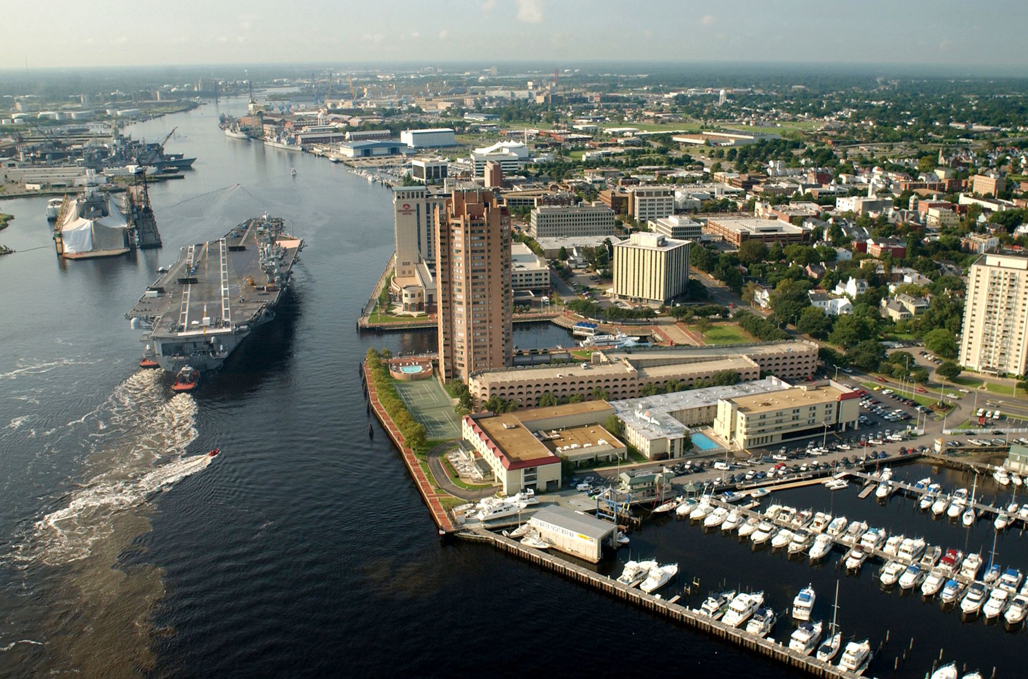 The Elizabeth River passes by Portsmouth, Virginia, before draining into the Chesapeake Bay. Portsmouth has one of the highest rates of sea level rise on the East Coast. Photo via Wikimedia Commons