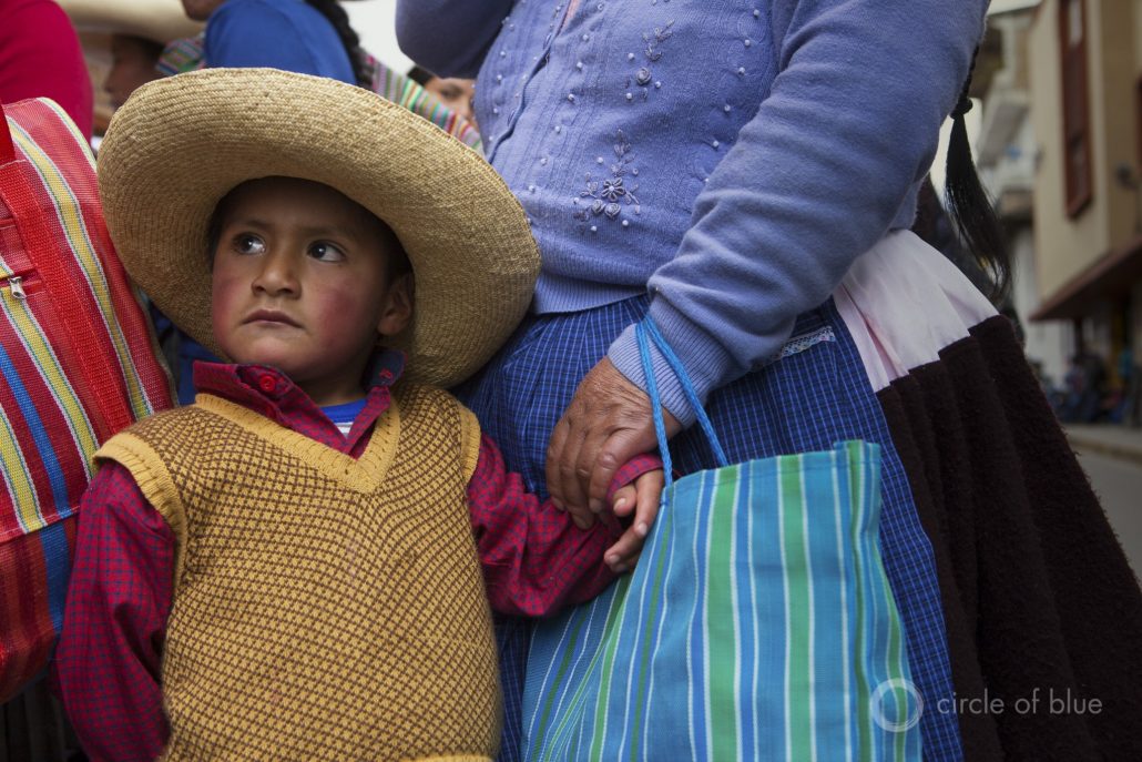 Andes highland farmers and their children marched in the streets of Cajamarca in opposition to the Conga gold mine.