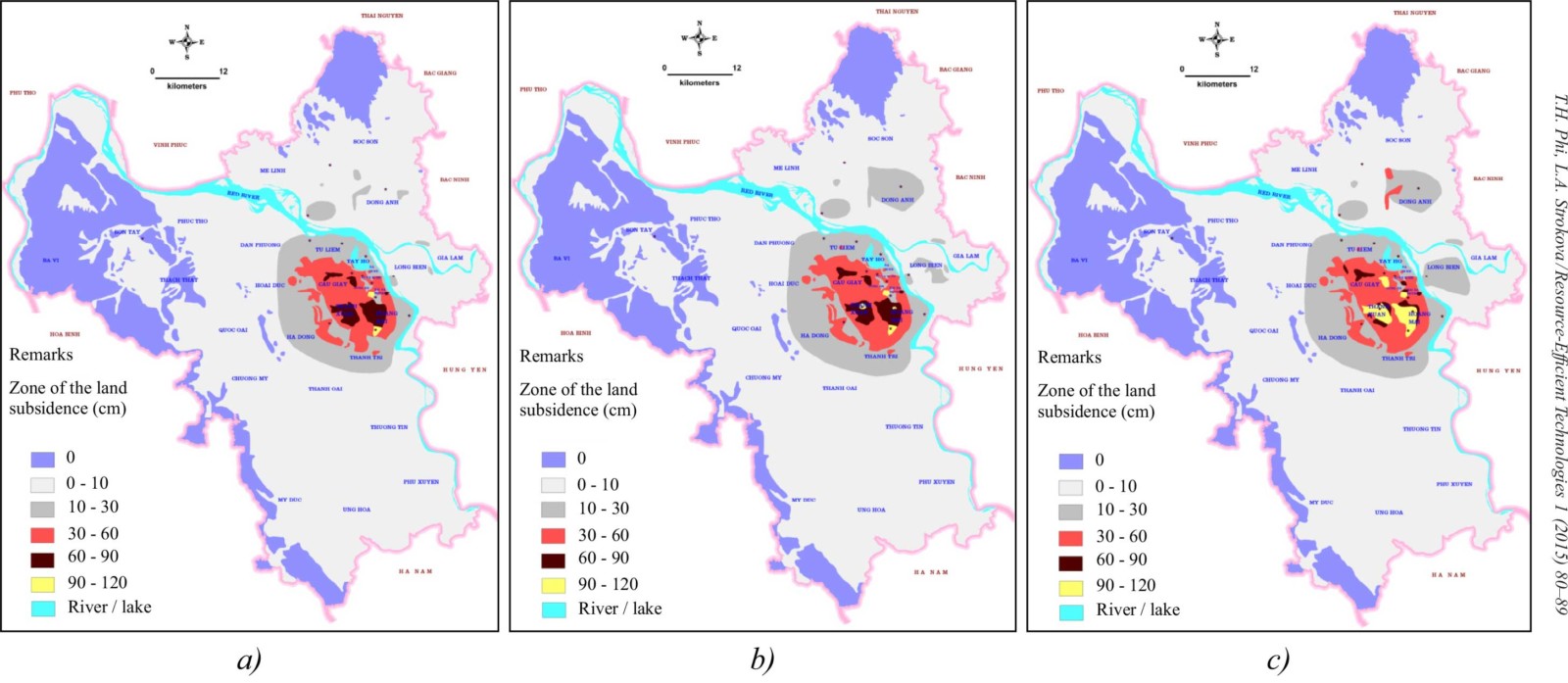  Prediction maps of the land subsidence in the Hanoi city caused by groundwater extraction in (a) 2013; (b) 2020; (c) 2030