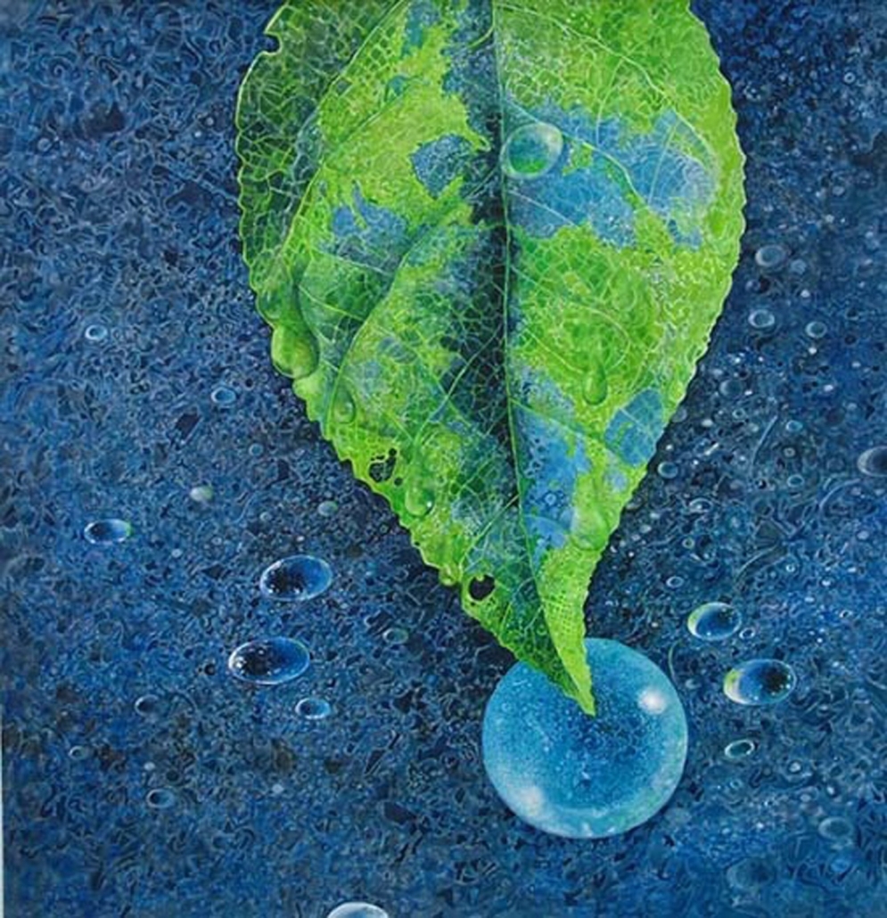 Art by Greg Mort portrays a leaf surrounded by droplets of water.