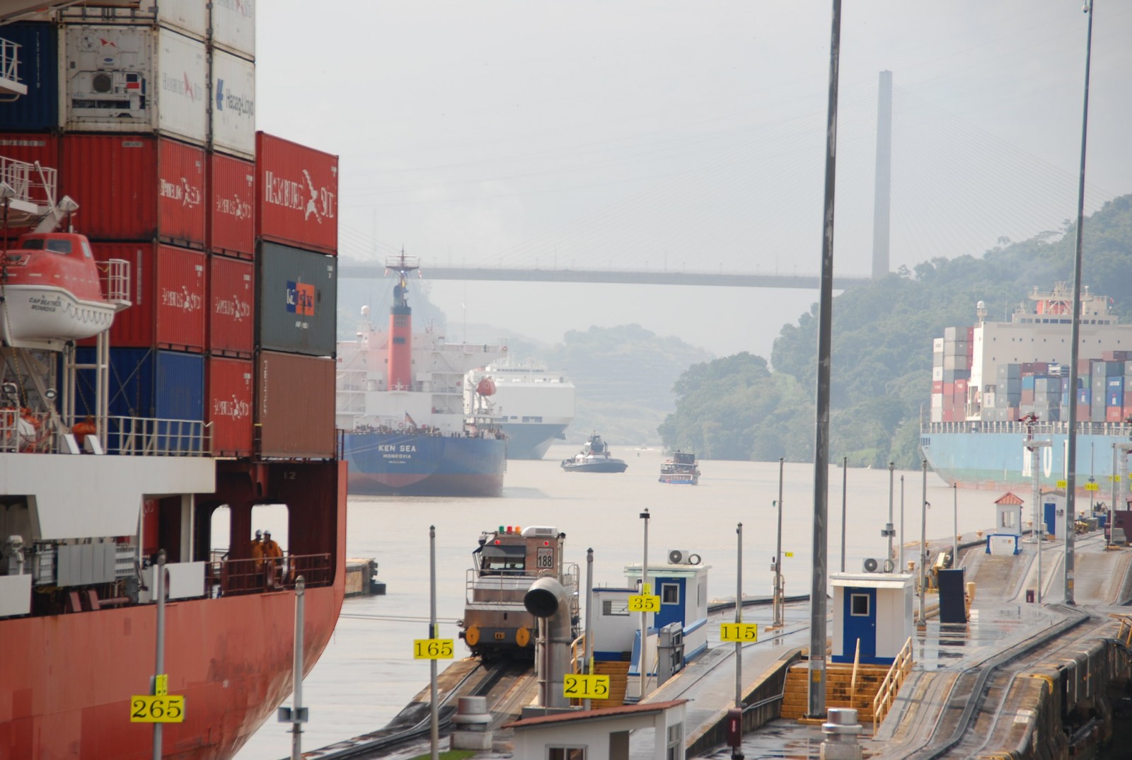 A line-up of ships in the Panama Canal locks