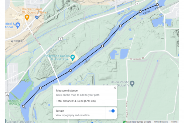 Distance between the Rock Run Rookery, where the silver and bighead carp were found, and the Brandon Road Lock and Dam – Google Maps